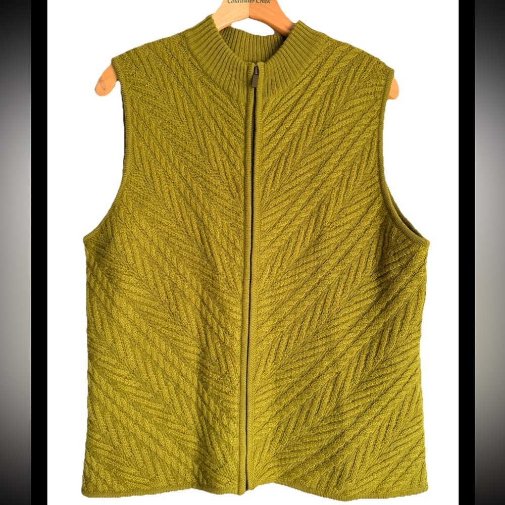 COLDWATER CREEK Women’s Chartreuse Wool Herringbone Knit Full Zip Vest Sz L